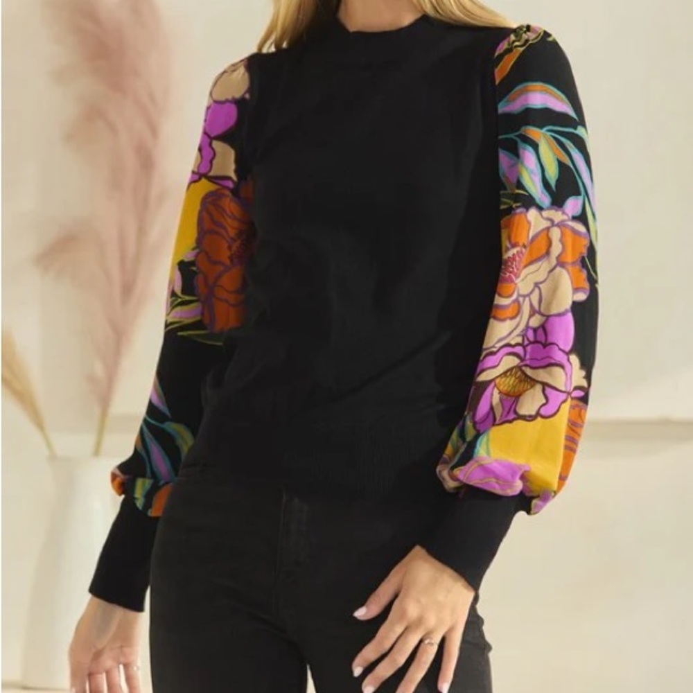 Sioni Black Pullover with Multicolor Floral Balloon Sleeves